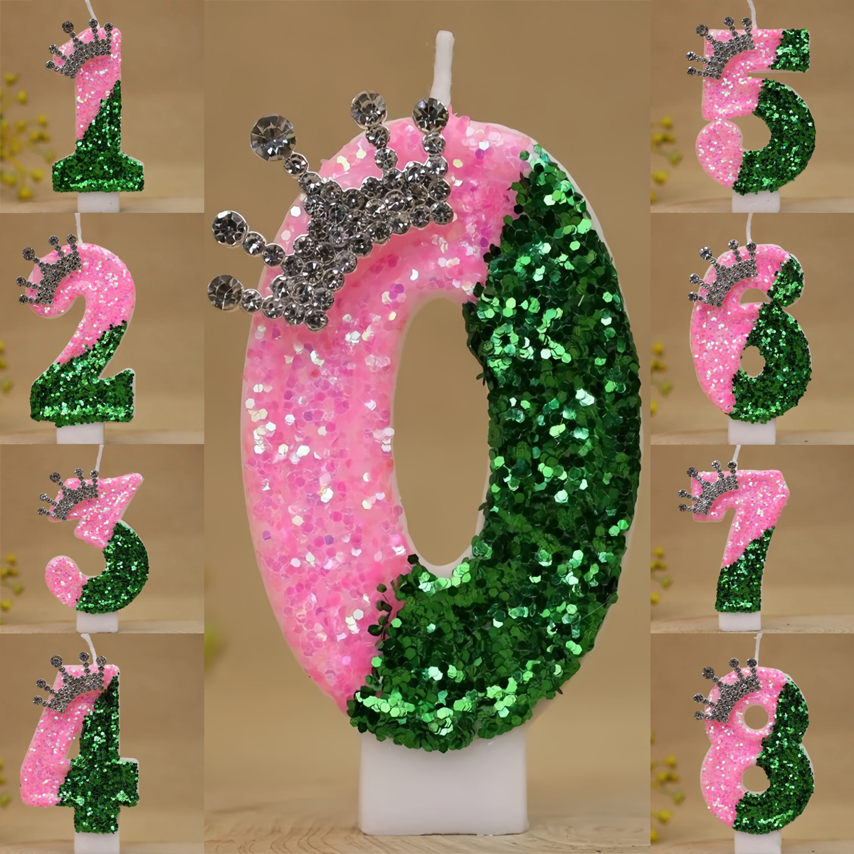Holiday Candle Set - Sparkling Light Green Princess Crown Birthday